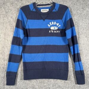 Vintage Aeropostale Y2K Sweater Mens Medium Rugby Stripe Embroidered Blue Ribbed